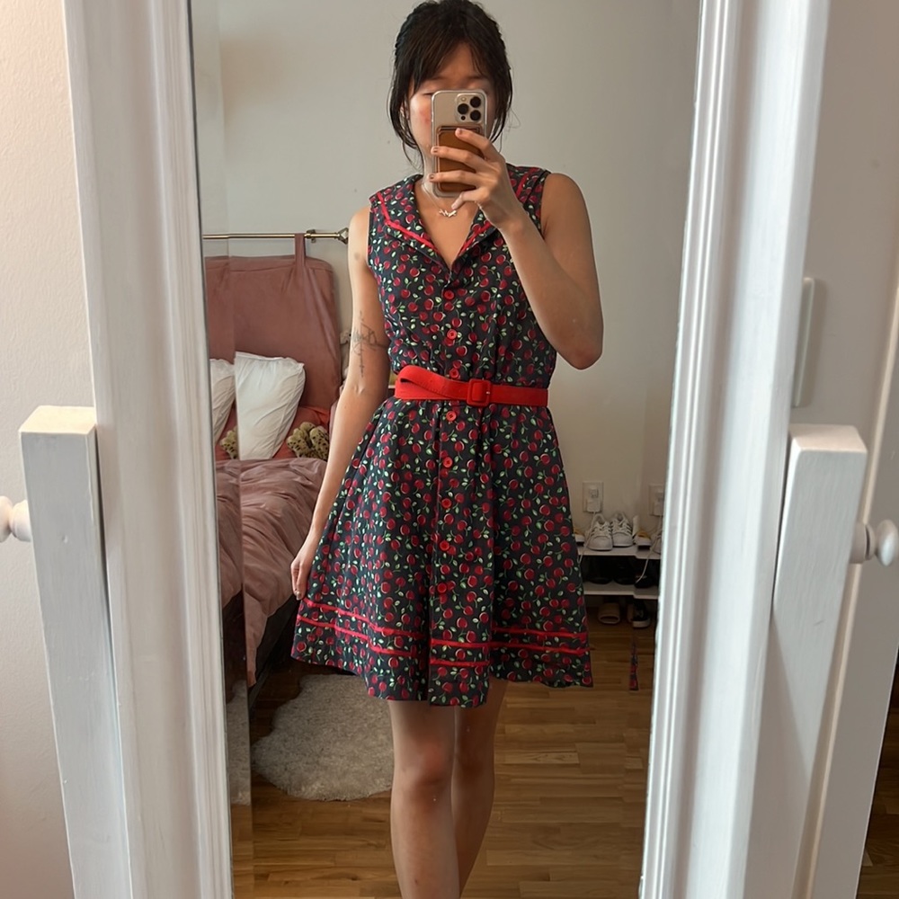 Bettie page Retro stretch chambray cherry print circle dress with original belt